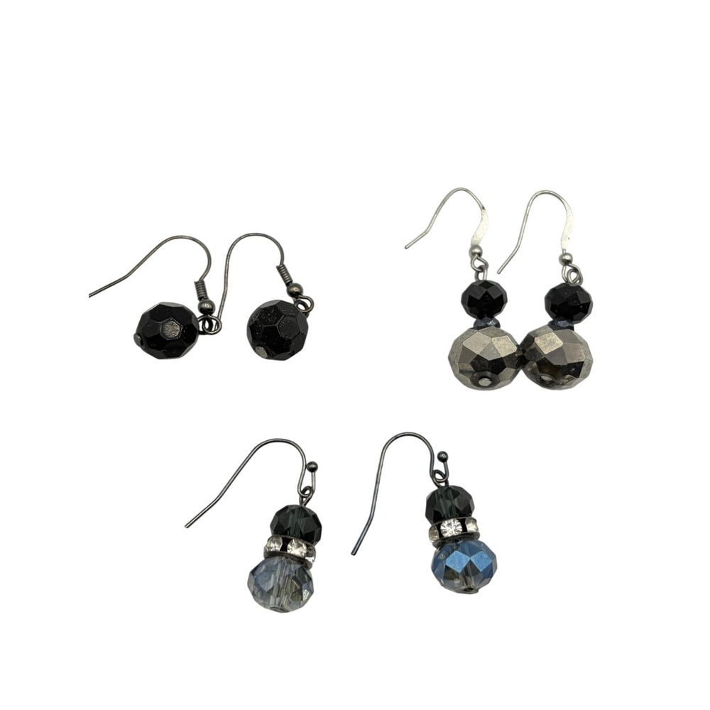 Lot 3 Pairs Womens Dangle Earrings Faceted Glass Beaded French Wire Hooks Black